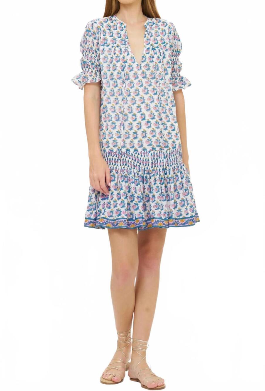 NEW OLIPHANT smocked drop mini dress in crocus blue